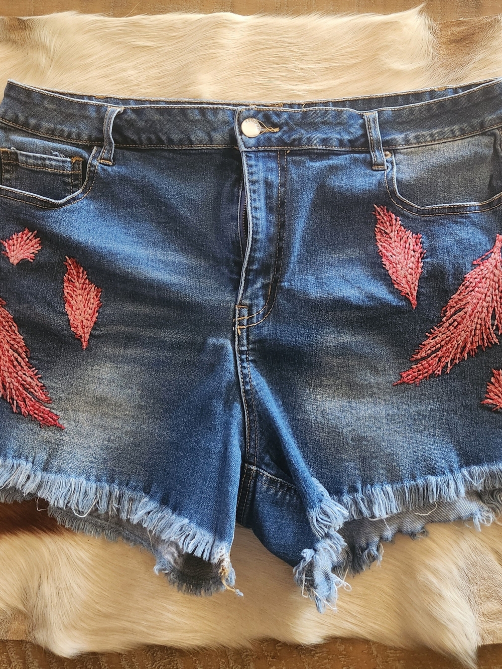 Route 66 Blue Denim Shorts with Pink Embroidery
